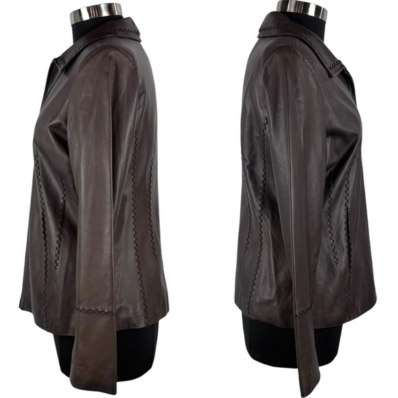 JONES NEW YORK 90S ZIP FRONT STITCHED TRIM TAILORED CLASSIC BROWN LEATHER JACKET - Picture 7 of 14